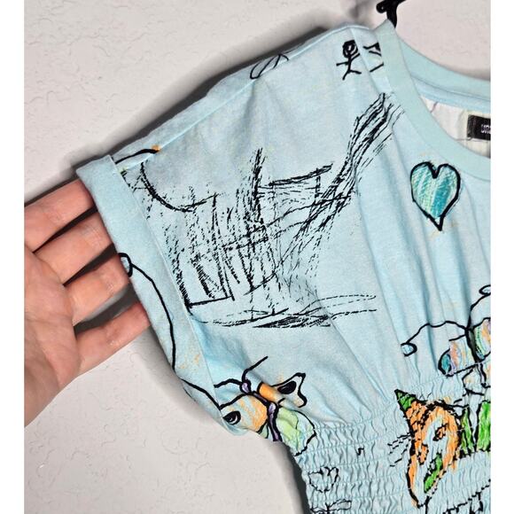 Urban Outfitters Blue Doodle Printed Short Sleeve Crop Top Women's Medium - Picture 4 of 7